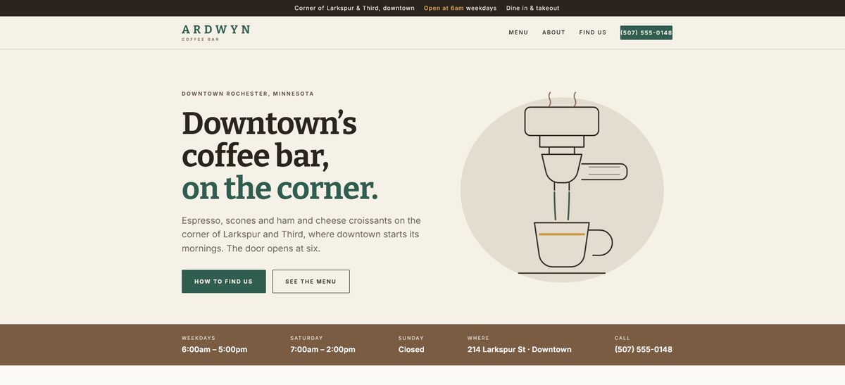 Homepage of the Ardwyn Coffee Co. demo site, showing a line drawing of an espresso portafilter pouring into a cup, the headline Downtown's coffee bar on the corner, and a hours and location strip.